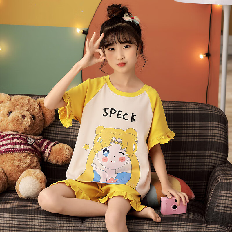 狐狸域&の3-12岁可爱小孩子穿的棉女童短袖睡衣夏季薄款宝宝女孩中童