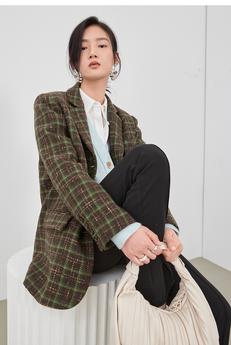 伊布都ibudu2021冬季复古英伦风西装格纹西服外套毛呢大衣时尚女 咖啡