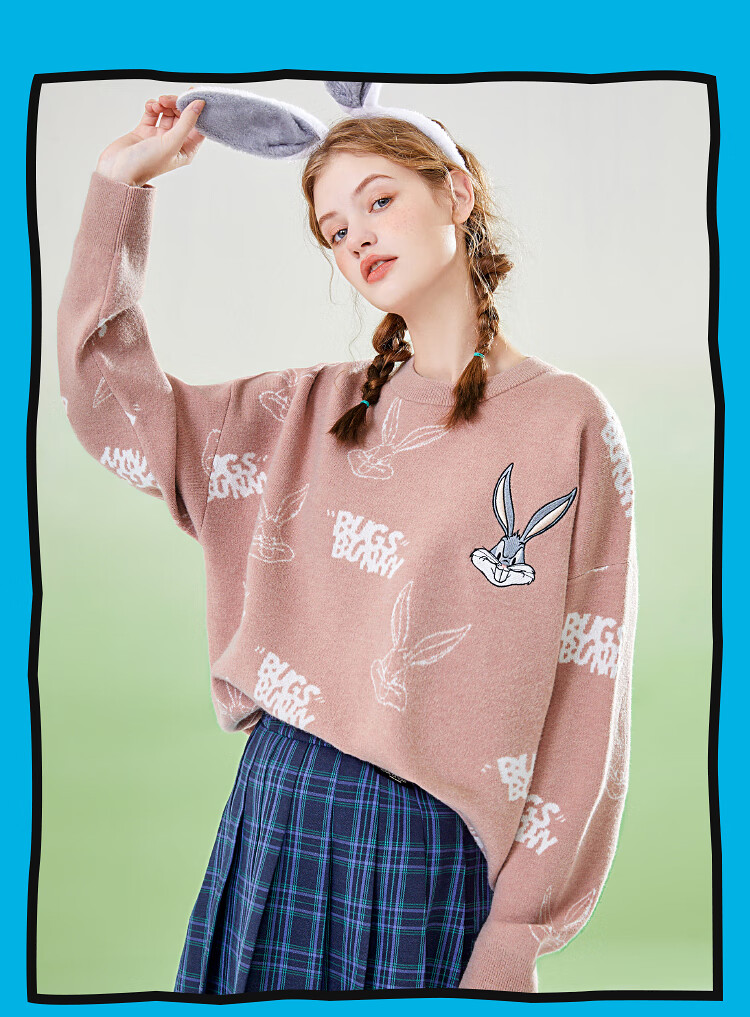 兔八哥联名三福冬季男满版提花刺绣毛衣街潮落肩上衣男447101淡黄180