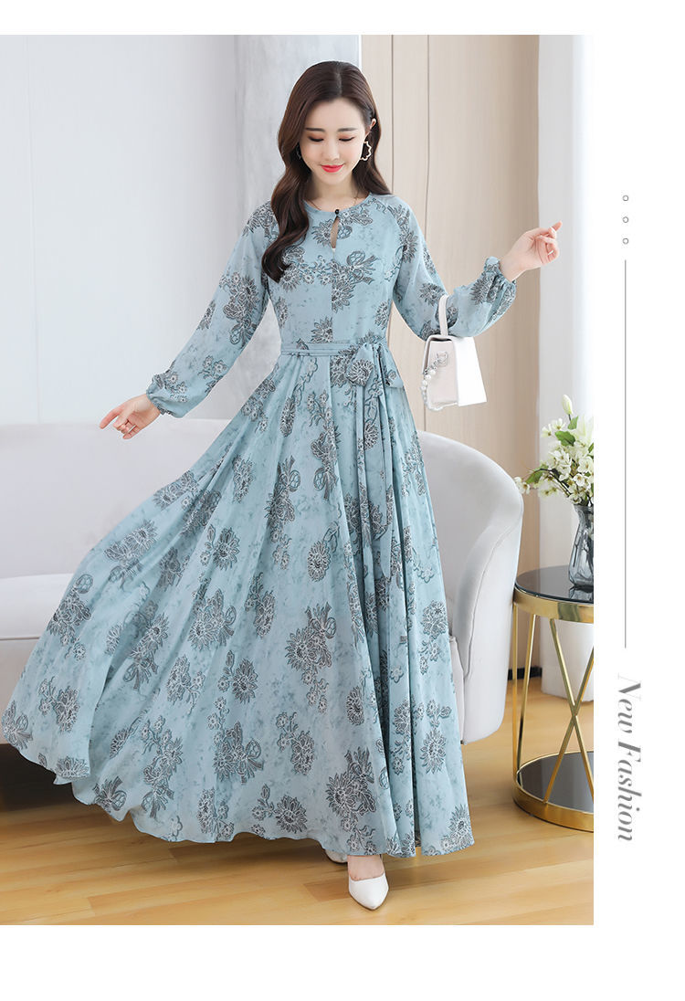 碎花雪纺长袖连衣裙女年新款春秋长款长裙秋装气质裙大摆裙子s88绿色