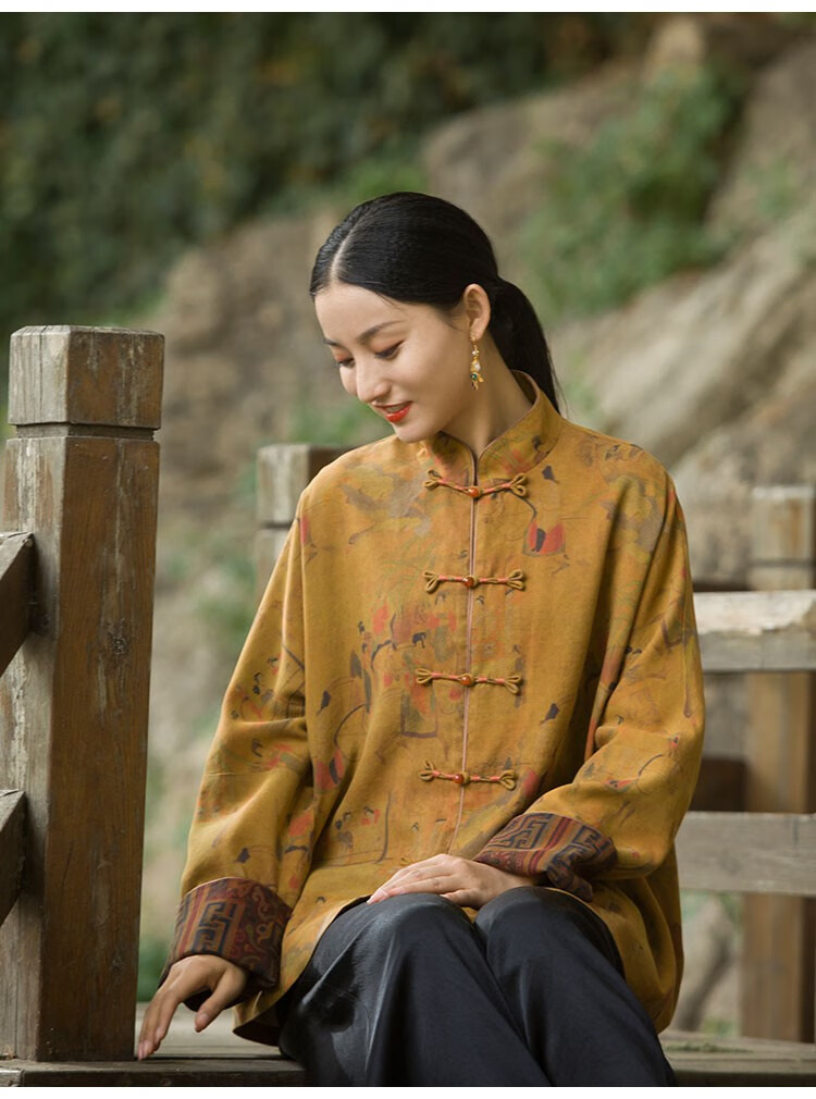 知笔墨秋季香云纱中式文艺对襟开衫唐装上衣宽松小外搭衬衫女士禅意
