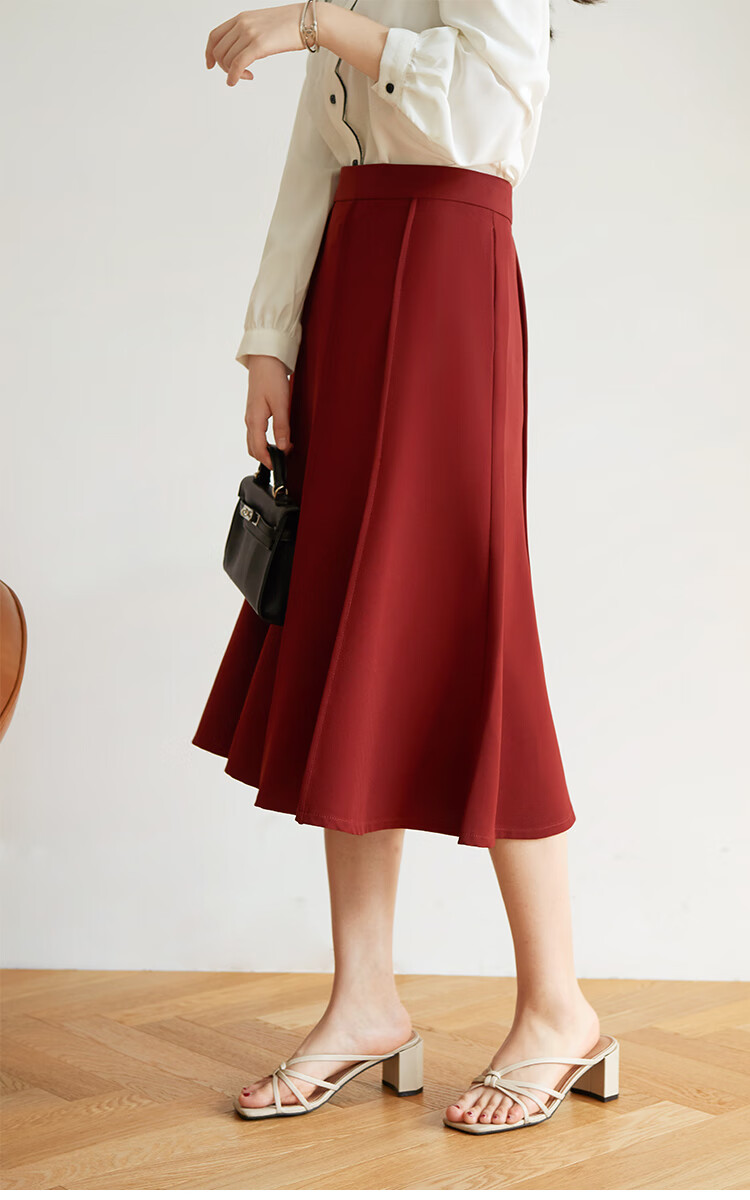 质感红色半身裙早秋新款垂感高腰a字鱼尾裙简约气质中长款半裙b051酒