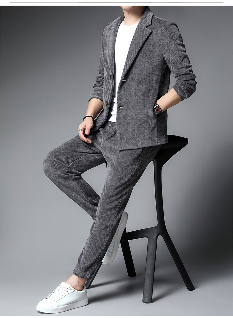 秋冬季新款修身小西服外套商务休闲两件套一套搭配痞帅男装针织灰色xl
