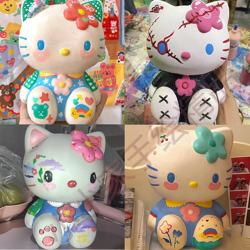 涂色存钱罐搪胶diy手工上色暗黑kitty猫彩绘白胚手绘石膏娃娃玩具12色