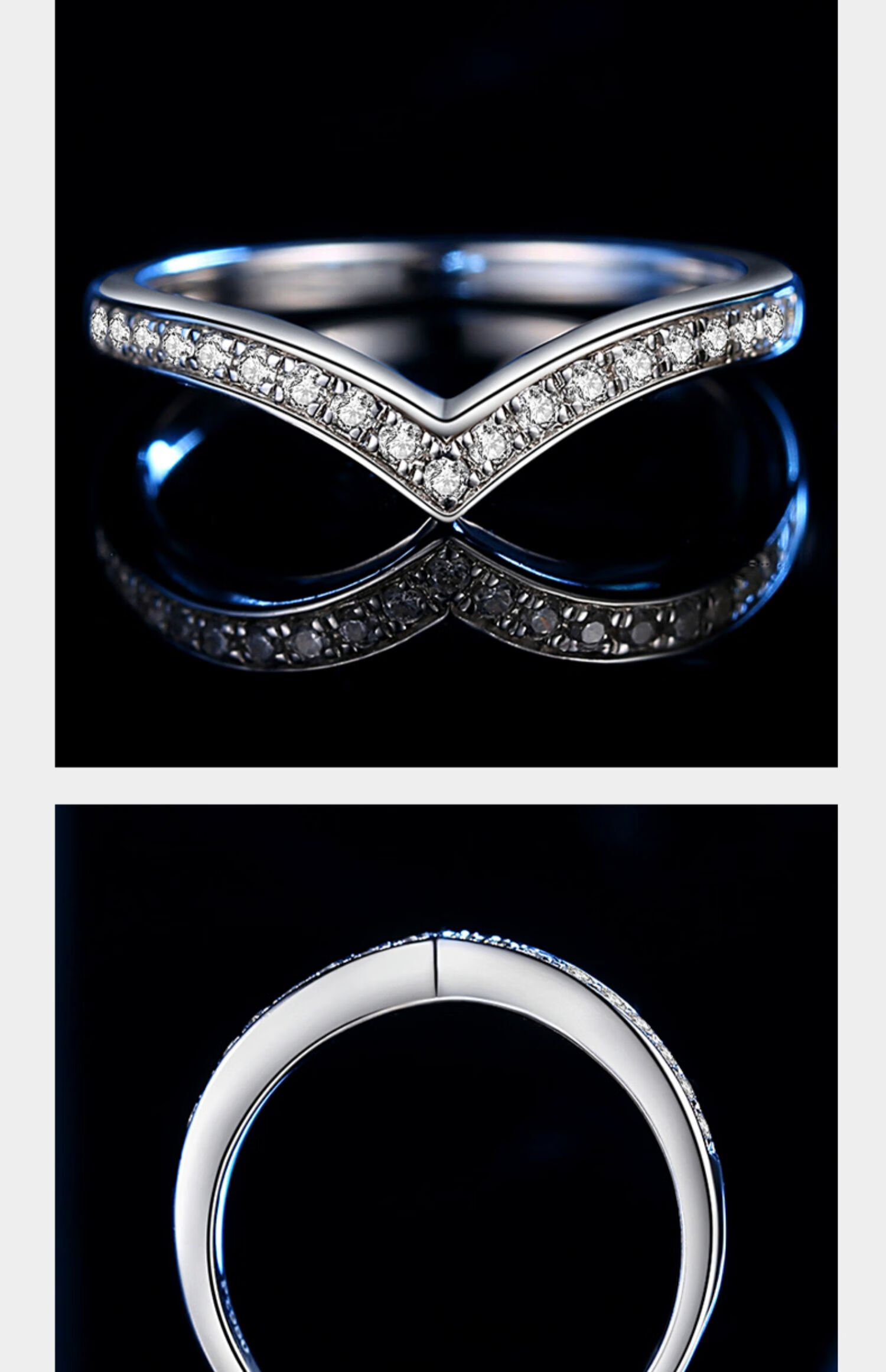 v形排钻戒银钻石戒指女叠戴小护戒尾戒搭配主戒送女友礼物v形排钻女戒