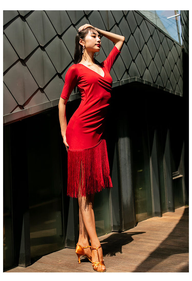 新款成人拉丁舞连衣裙流苏舞裙拉丁舞练功服伦巴舞裙女性感舞蹈裙黑色