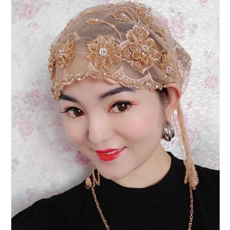 回族女人的套头纱巾回族女士套头纱巾立体绣手工流苏帽子时尚百搭遮发