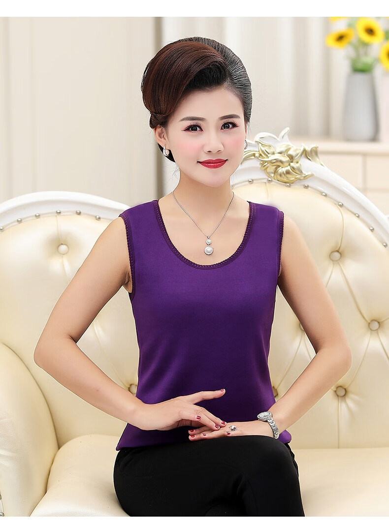 人妈妈马夹保暖背心女加厚加绒内穿坎肩中老年奶奶马甲秋冬装紫色l