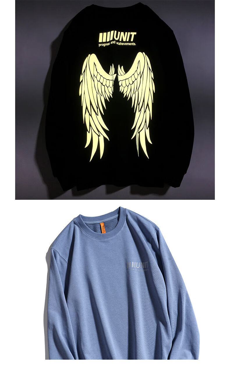 babiboy潮牌t恤秋天内搭上衣服男炫彩翅膀反光长袖宽松舒适男女秋装