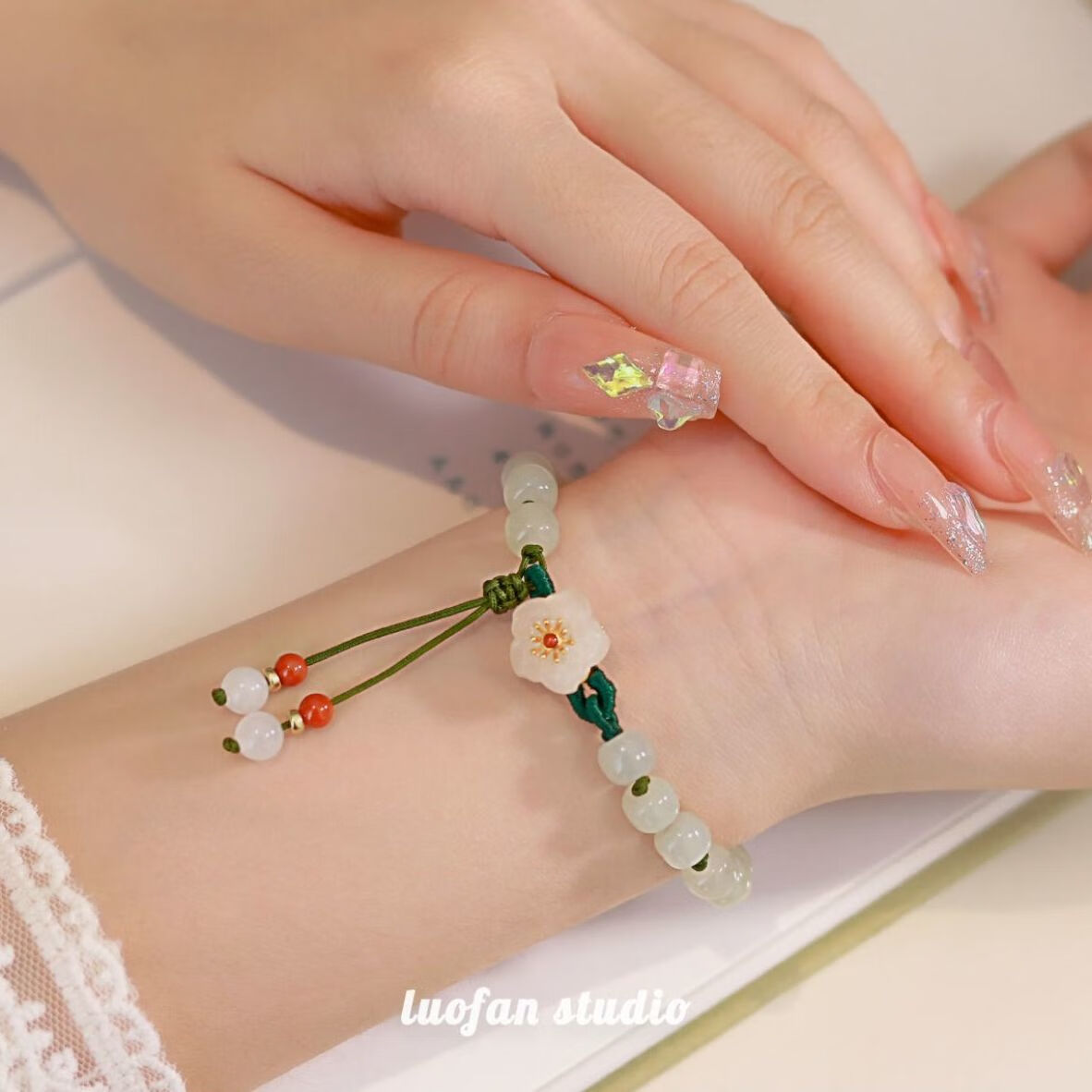 抖音沁园春玉珠小桃花手链女串珠转运闺蜜复古国风编绳小众设计 小