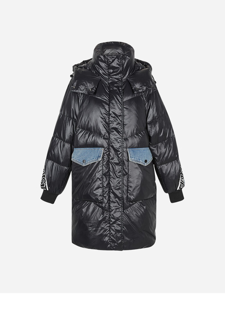 热风2021年冬季新款女士牛仔拼接长款羽绒服01黑色s