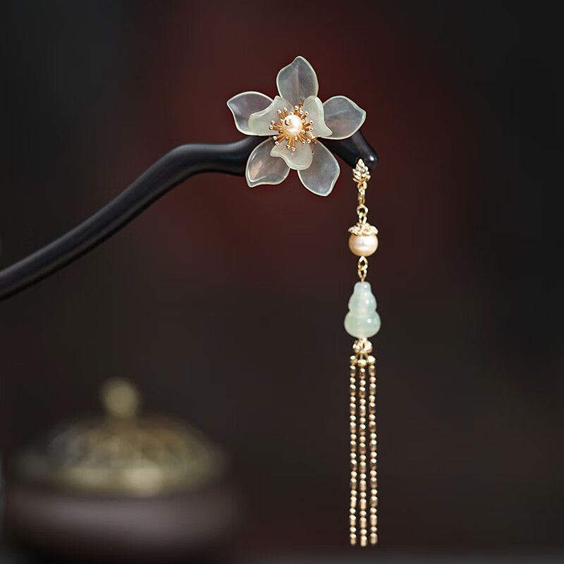 发簪子女古风步摇流苏黑檀木汉服头饰手工玉兰花发钗岫玉送礼盒玉兰花