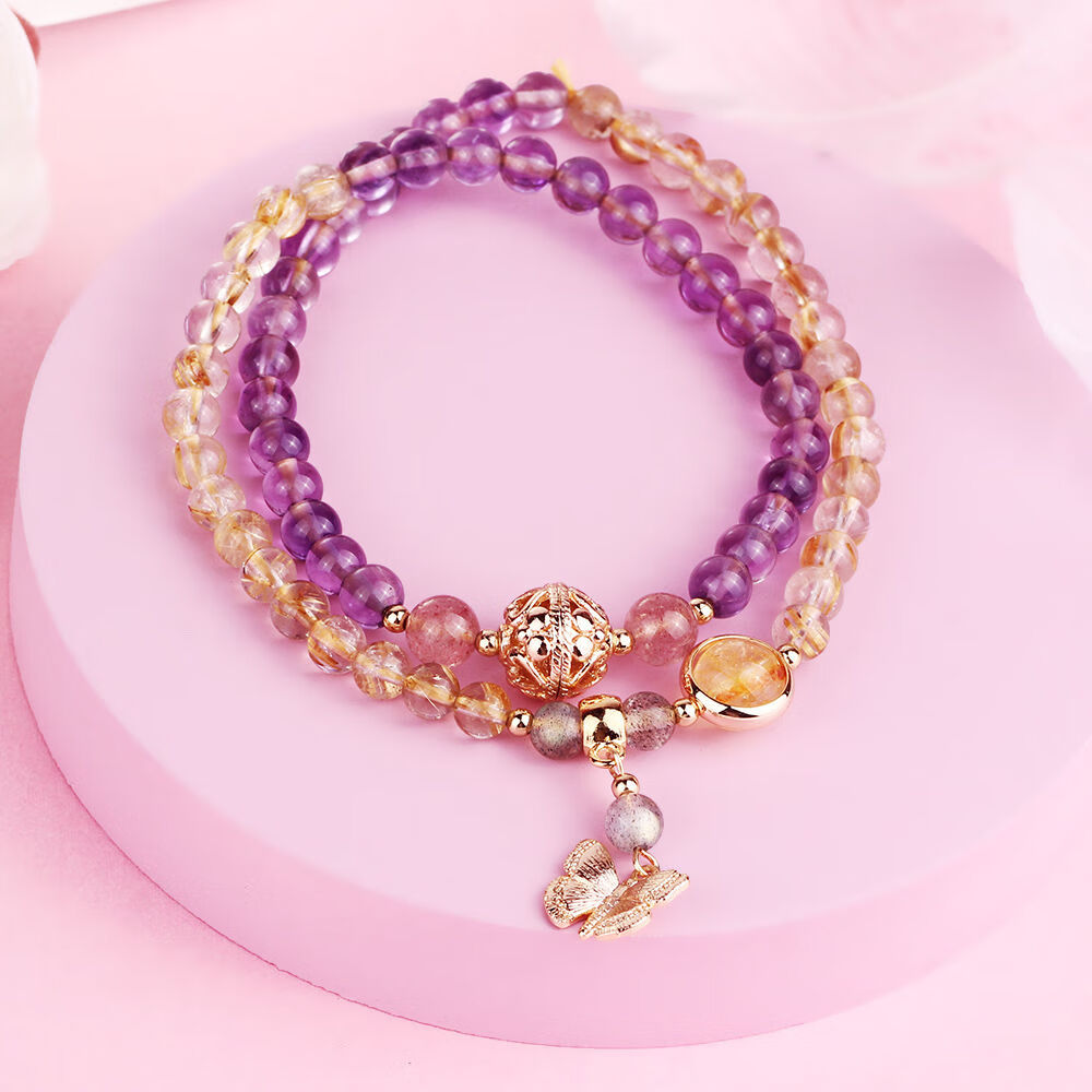 天然紫晶双层手链女草莓晶粉晶石榴石手串礼物送闺蜜送女友 紫晶 金