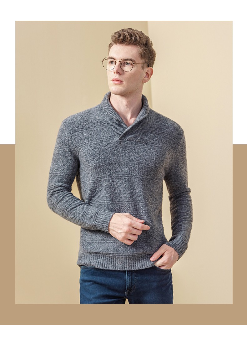 鹿王羊绒男士翻领变换组织套衫休闲百搭保暖春季新款911116113经典灰