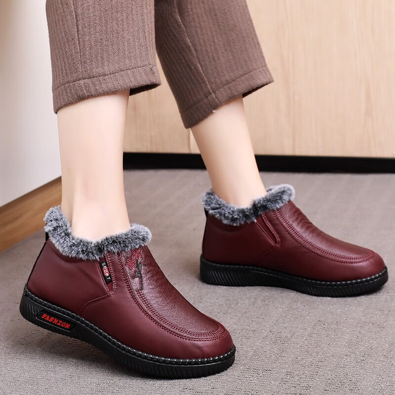 布鞋女棉鞋冬季加绒女鞋保暖中老年妈妈鞋高帮防滑奶奶鞋n609女红棉40