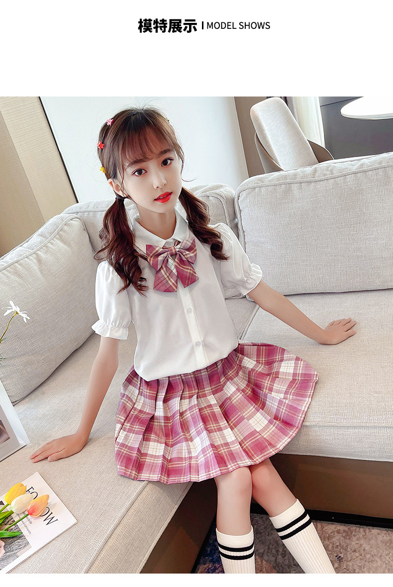 温小影jk儿童女童衬衫夏季小学生格裙套装全套学院风百褶裙qx1995紫色