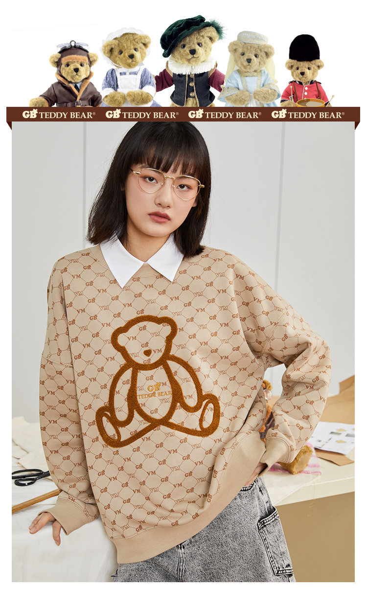 vero moda秋冬新款泰迪熊联名复古老花图案加绒宽松卫衣女 a06蜜乳