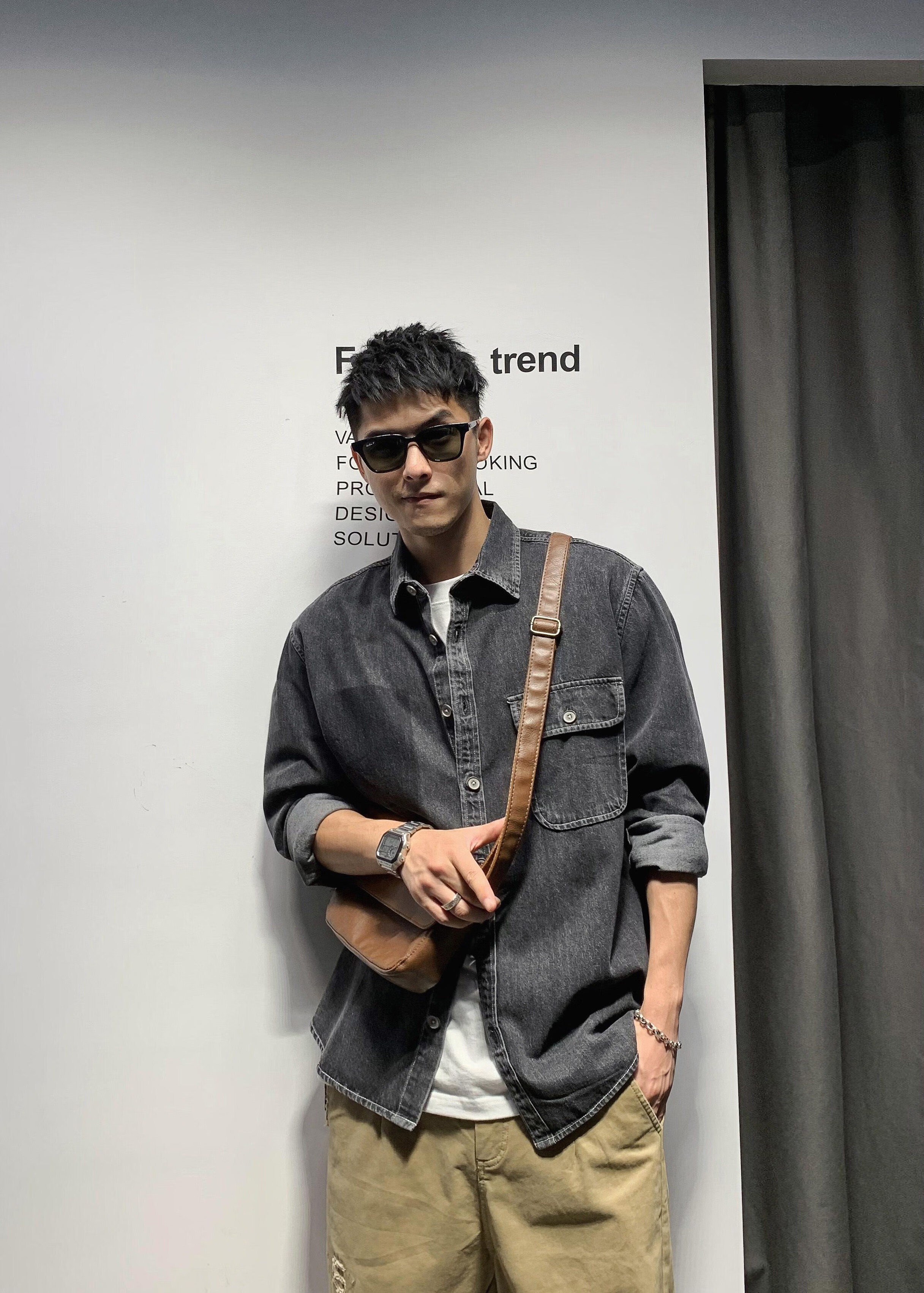 徐太浪感炸街牛仔衬衫男痞帅男装潮流长袖衬衣雅痞风