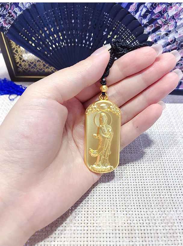 妙灵阁南无观世音菩萨吊坠古法金佛像实心黄金坠子挂绳男士高档黑绳