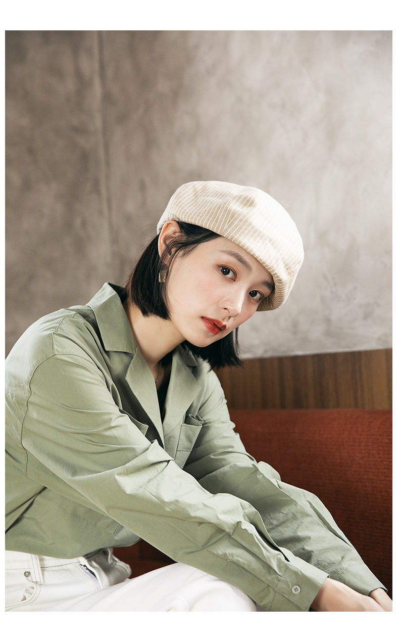 topkicc 贝雷帽女夏季薄款日系百搭棉麻蓓蕾帽女士时尚条纹八角帽画家