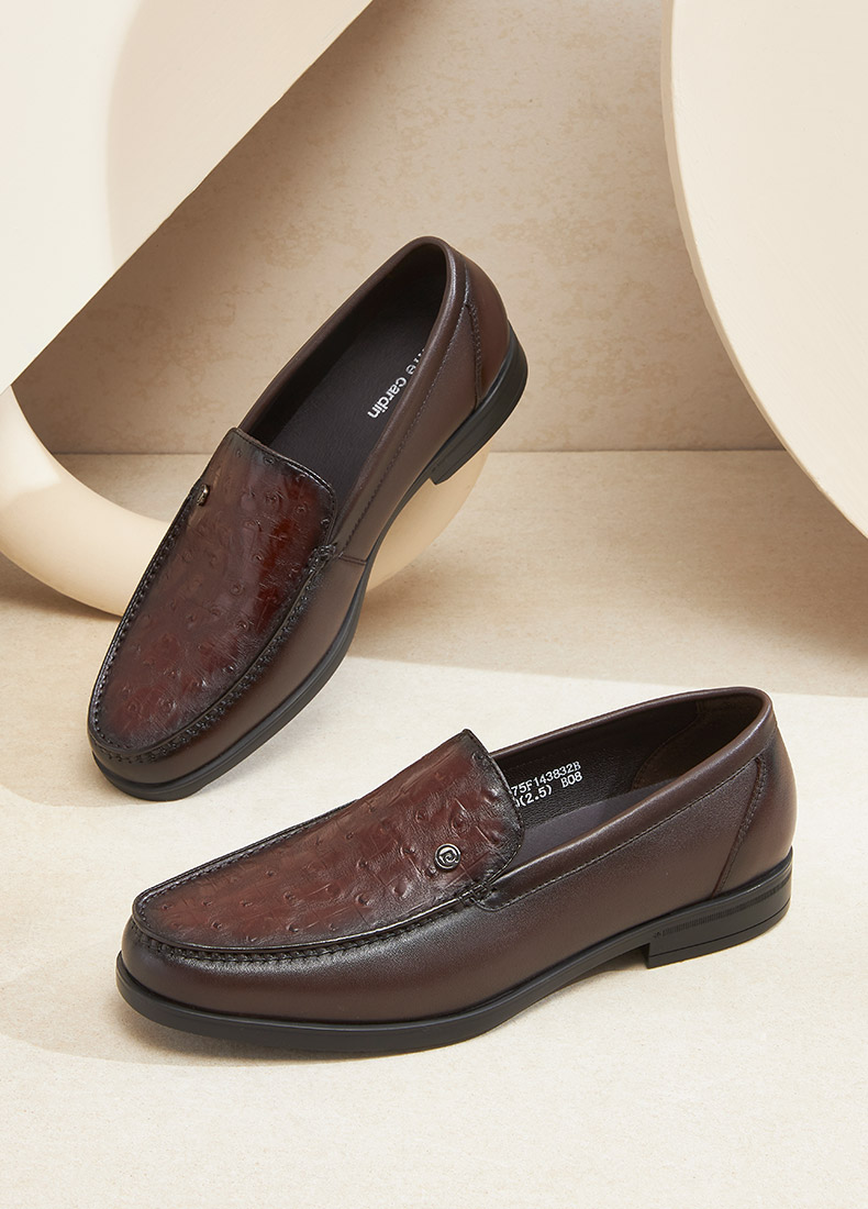 皮尔卡丹男鞋商务正装皮鞋男真皮男士鸵鸟纹压花休闲鞋时尚鞋子男黑色