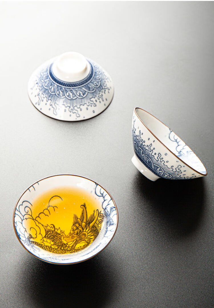 古风青花主人杯品茗杯功夫茶杯茶具斗笠杯印花杯普洱茶杯陶瓷杯子斗笠