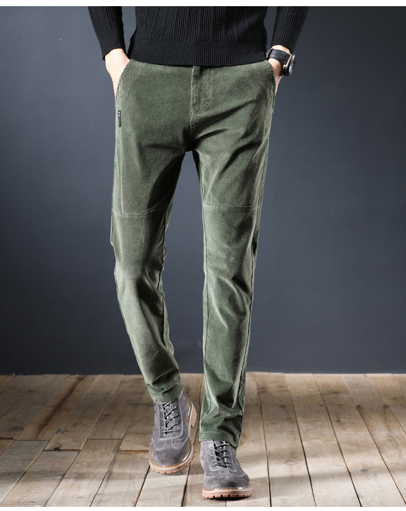 jg灯芯绒裤子男裤修身弹力秋冬季条绒保暖防风中年休闲裤男士喇叭裤