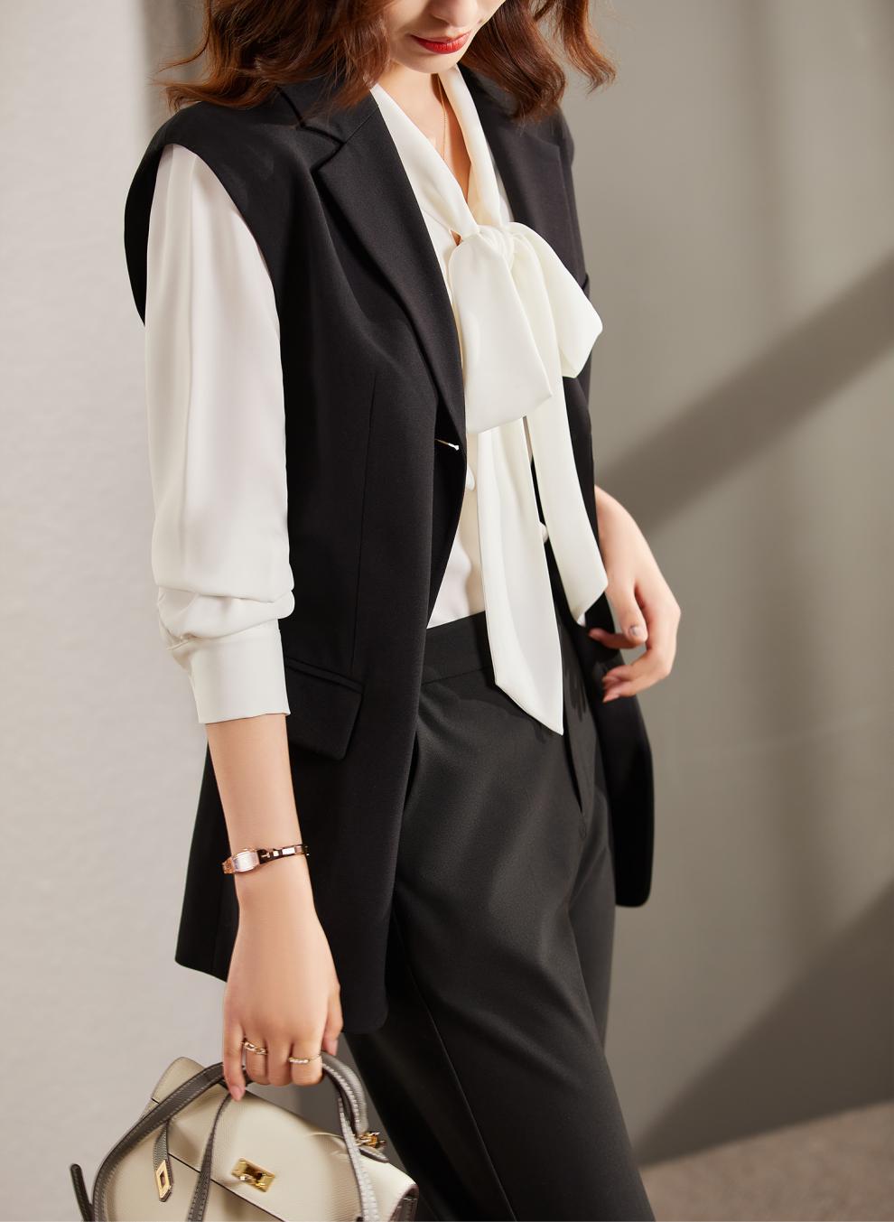 梵希蔓秋季ol西装马甲女短款显瘦黑色毛呢马夹拼接收腰外套 f9062