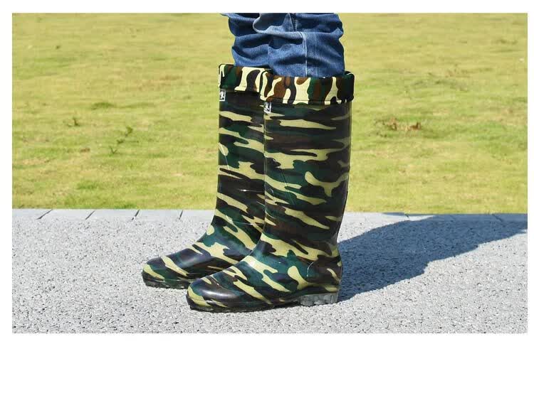 高筒迷彩长筒雨鞋防水鞋男雨靴加绒厨房水靴工地耐酸碱油金象胶鞋 男