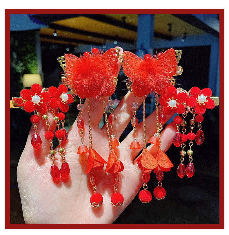 古风大红花朵发饰女孩假发辫子汉服头饰中国风女古装流苏发夹新年发卡