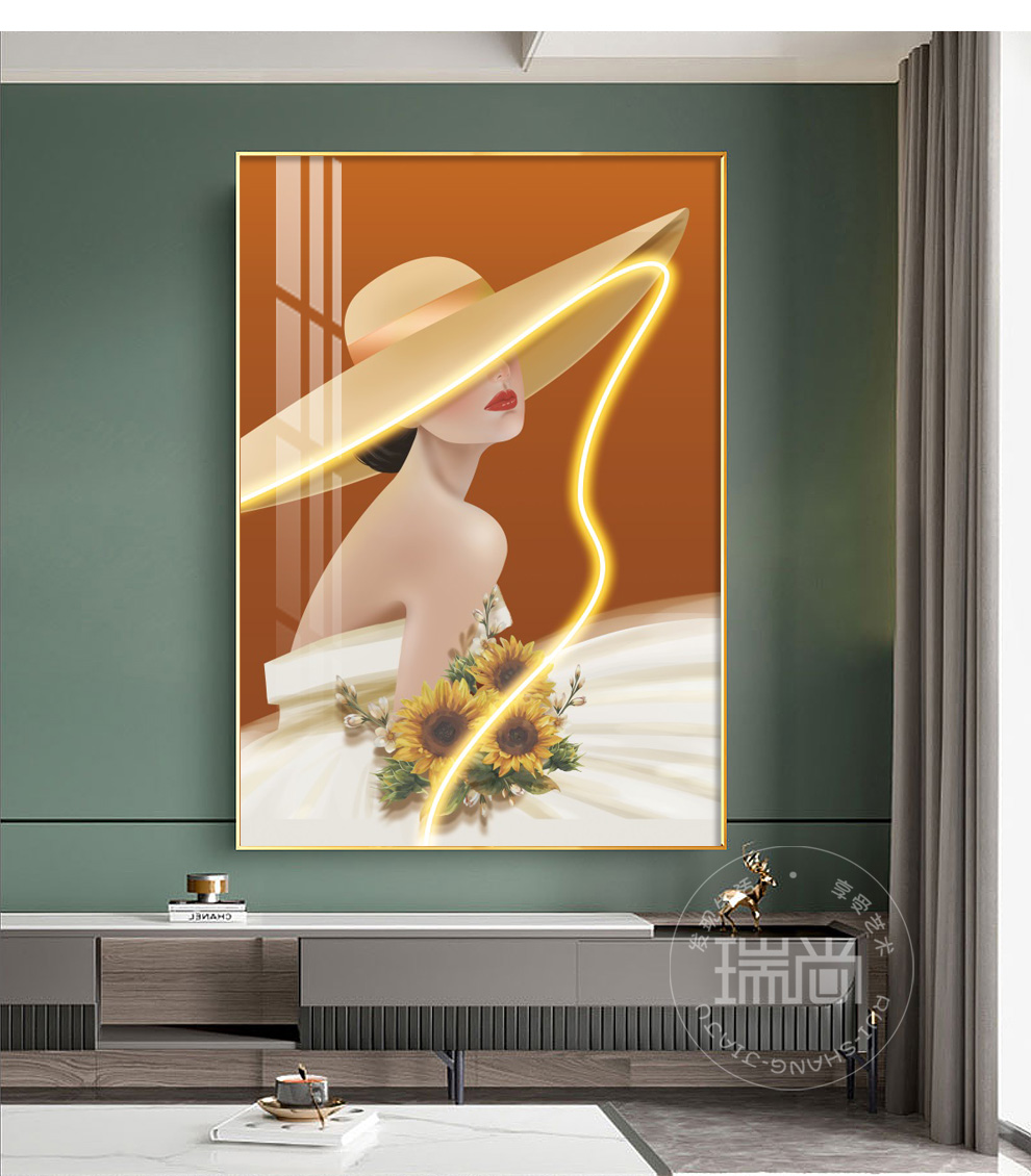 壁画客厅沙发落地画大气挂画摩登女郎d5070cmled灯开关插电款晶瓷画