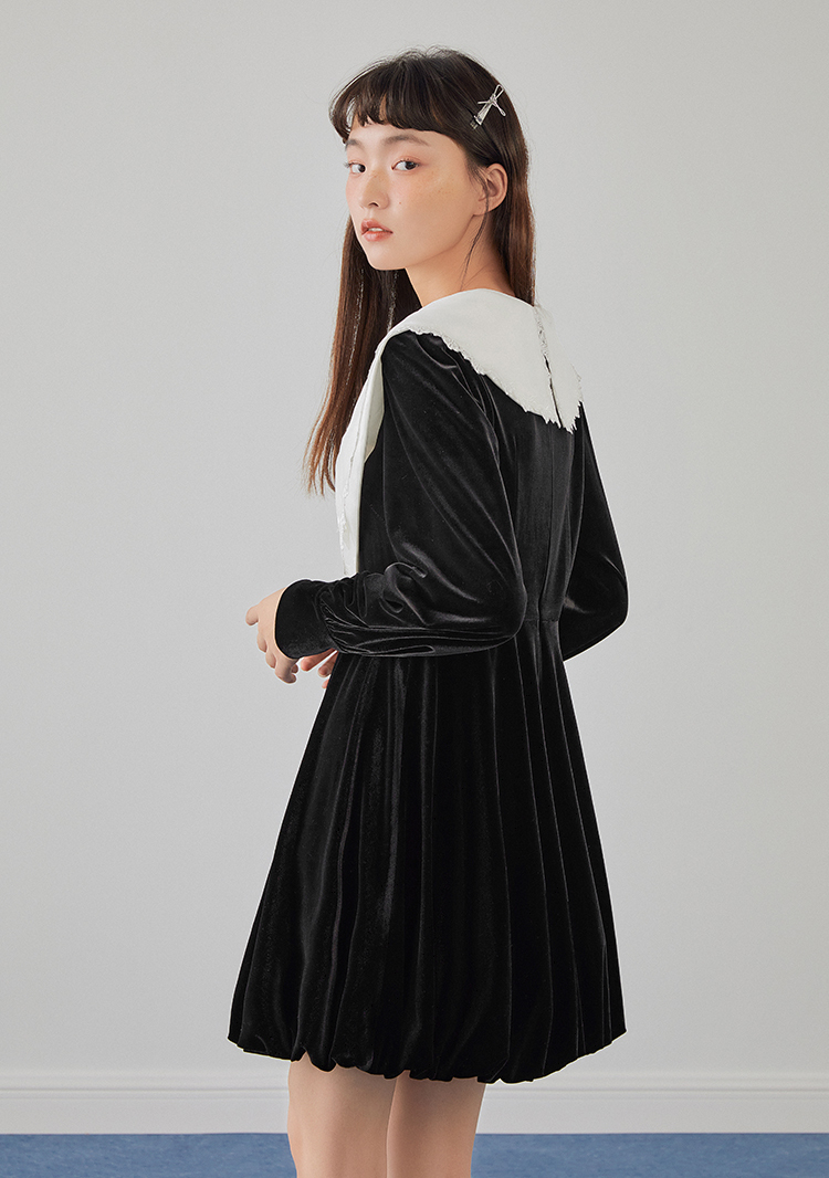 乐町法式撞色连衣裙2022春季新款蝴蝶结丝绒小个子大领子小黑裙女黑色