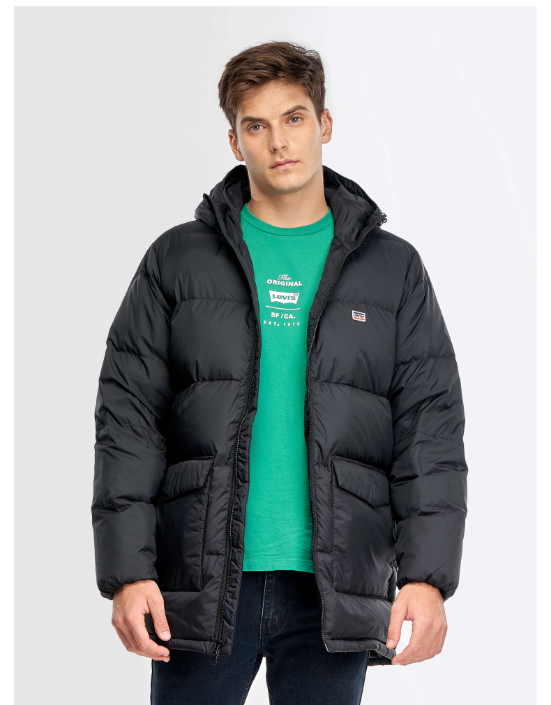 levis 李维斯男士黑色中长款宽松日常休闲连帽羽绒服外套 a0949-0000