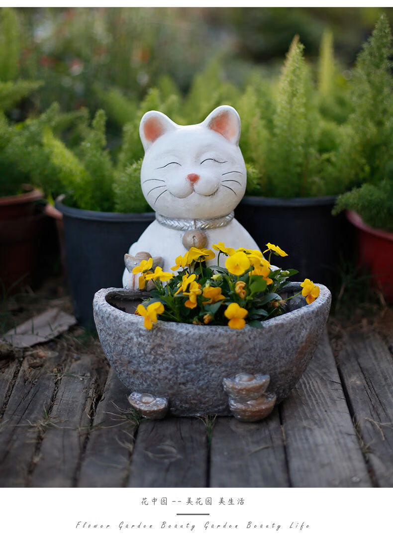 财猫咪花盆小摆件阳台布置创意民宿开业庭院子花园装饰家居客厅招财猫