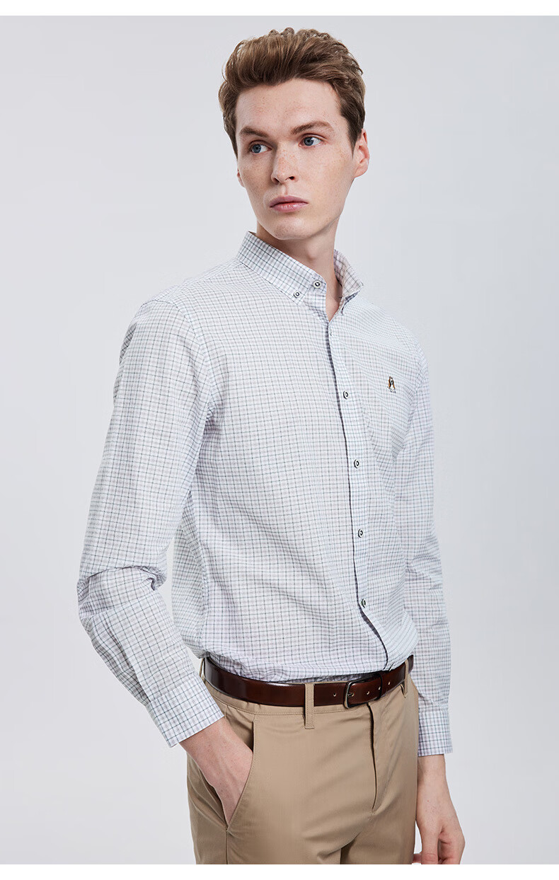 hushpuppies暇步士男装2022春全棉撞色小方格长袖衬衫pa22102d045中蓝