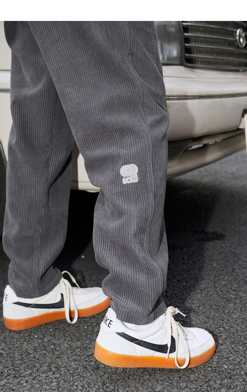 ecko犀牛灯芯绒休闲裤男潮牌2021秋季新款字母刺绣宽松直筒长裤灰色