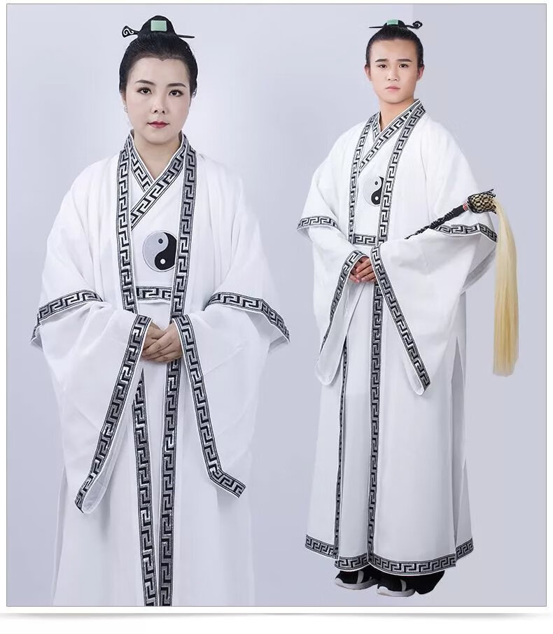 服新款宽松太极八卦图长袍道教法衣大袖男女道袍道士全套 白色单长袍