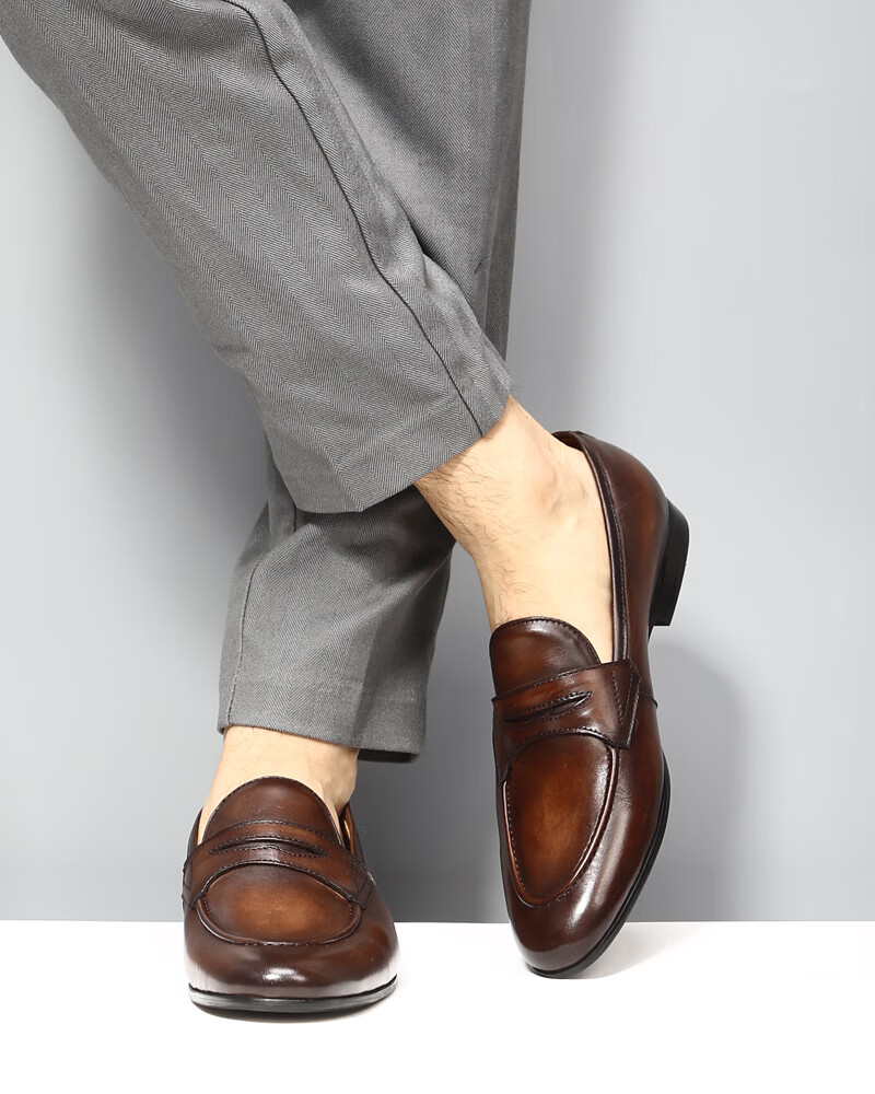 透气商务休闲皮鞋男潮套脚鞋英伦便士乐福鞋男士真皮手工鞋方头一脚蹬