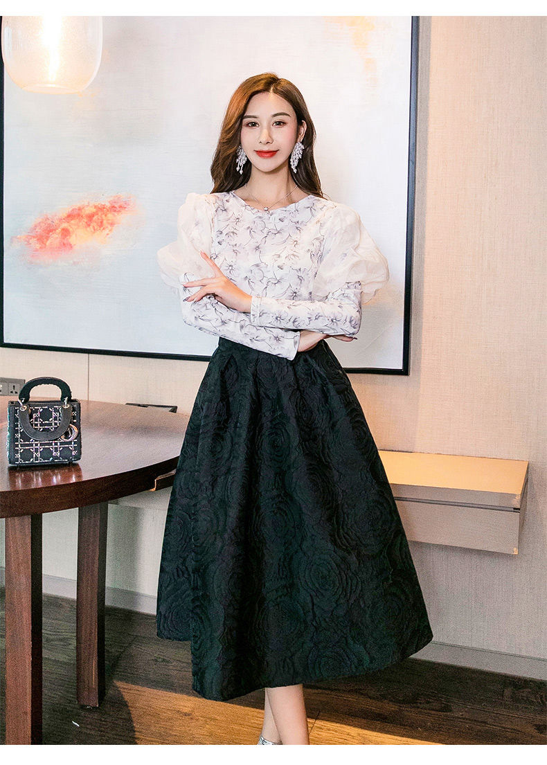 赫本风蓬蓬裙2021秋冬新款遮胯大摆裙高腰复古伞裙提花a字半身裙黑色s