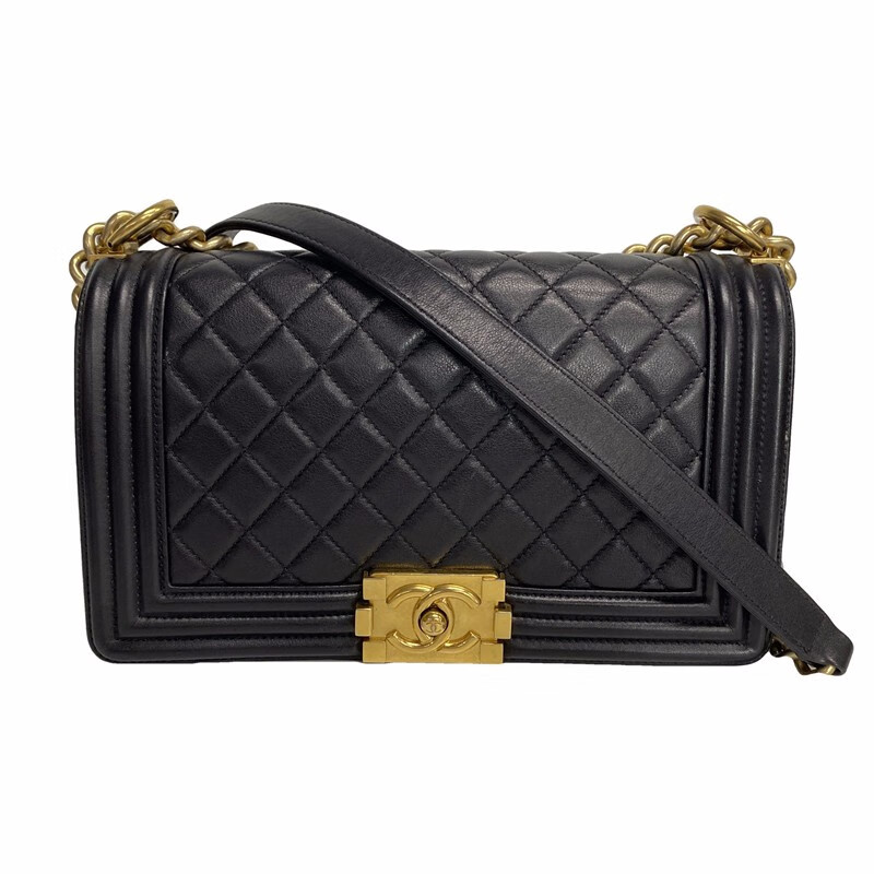 香奈儿女士leboy中号单肩包黑色牛皮金扣20开奢侈品包包leboy黑金中号