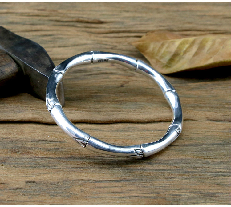 雅隐银手镯999足银竹子竹节雕花闭口女士手镯开口雪花银手工定制手环