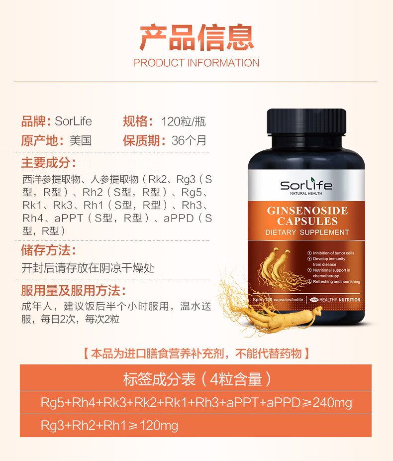美国进口滋补西洋人参皂苷rg3rh2胶囊16种稀有提取物护命素高纯度3瓶