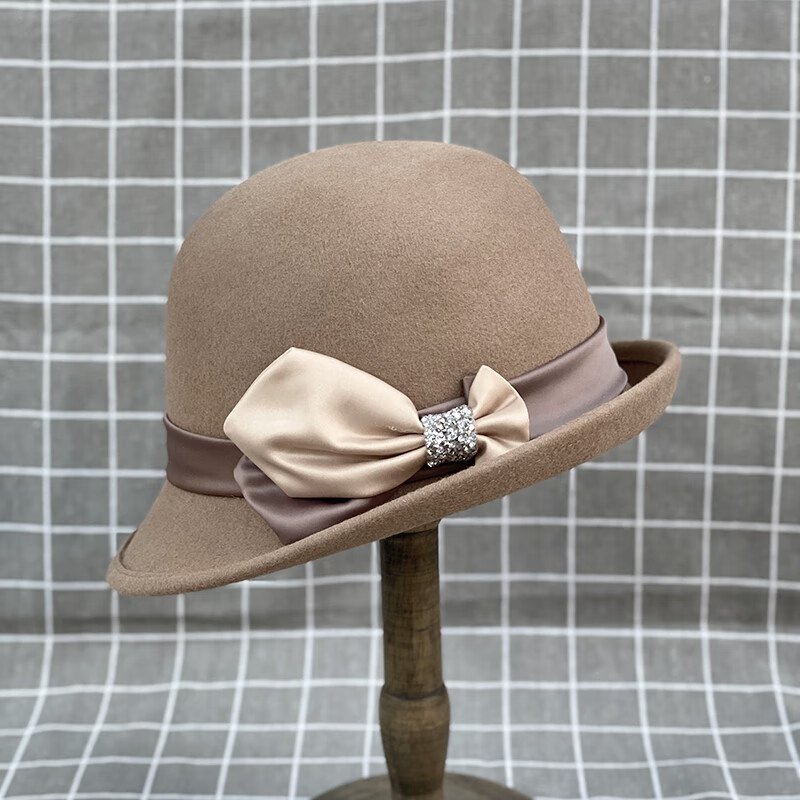 yunsijun 秋冬新款优雅复古羊毛呢圆顶卷沿小礼帽女士时尚蝴蝶结碎钻