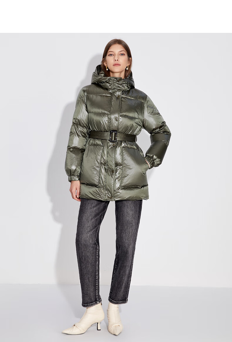 朗姿白鸭绒羽绒服女2021年冬季商场专柜同步亮面大牌中长款外套深草