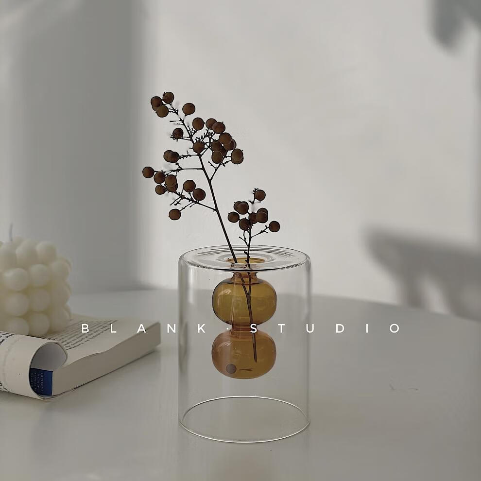 新款咖啡色双层创意透明玻璃花瓶装饰ins小清新餐桌艺术个性摆件 咖啡