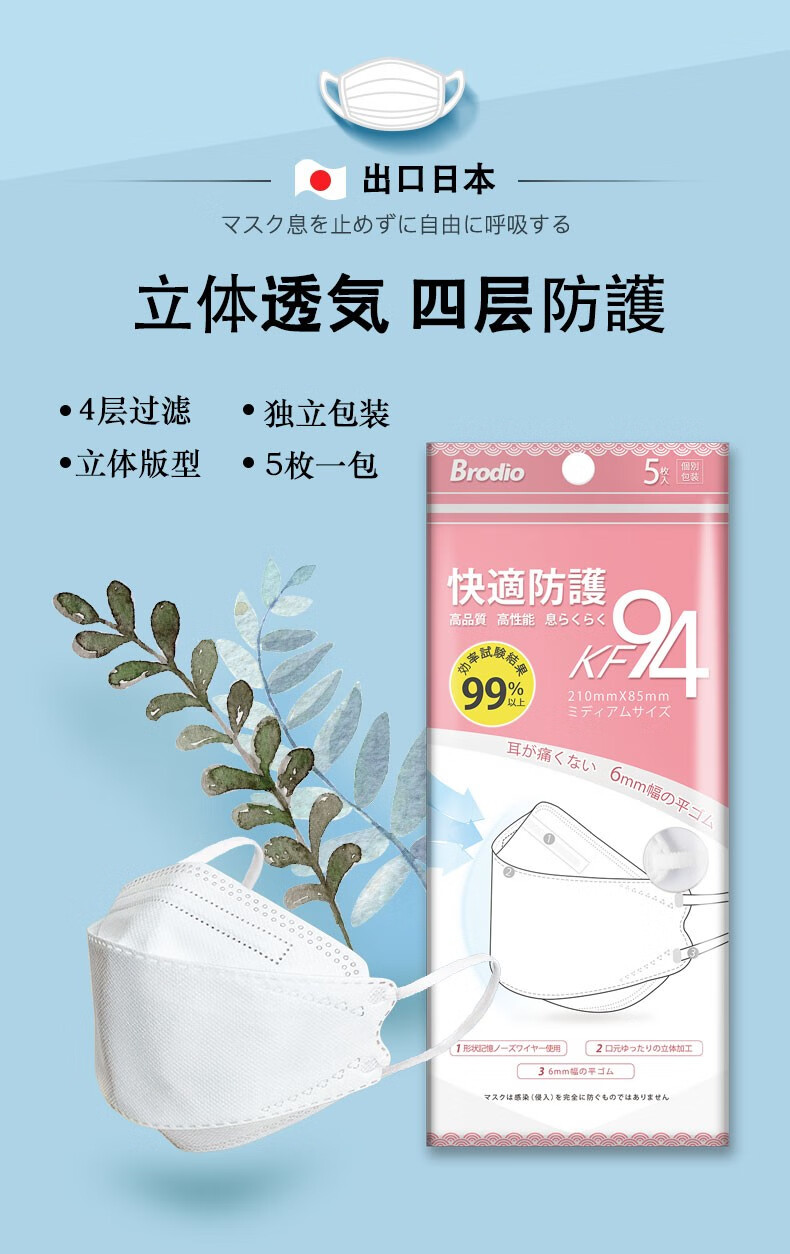brodio男女韩版kf94口罩四层防护独立包装立体结构不沾口红不花妆kf94