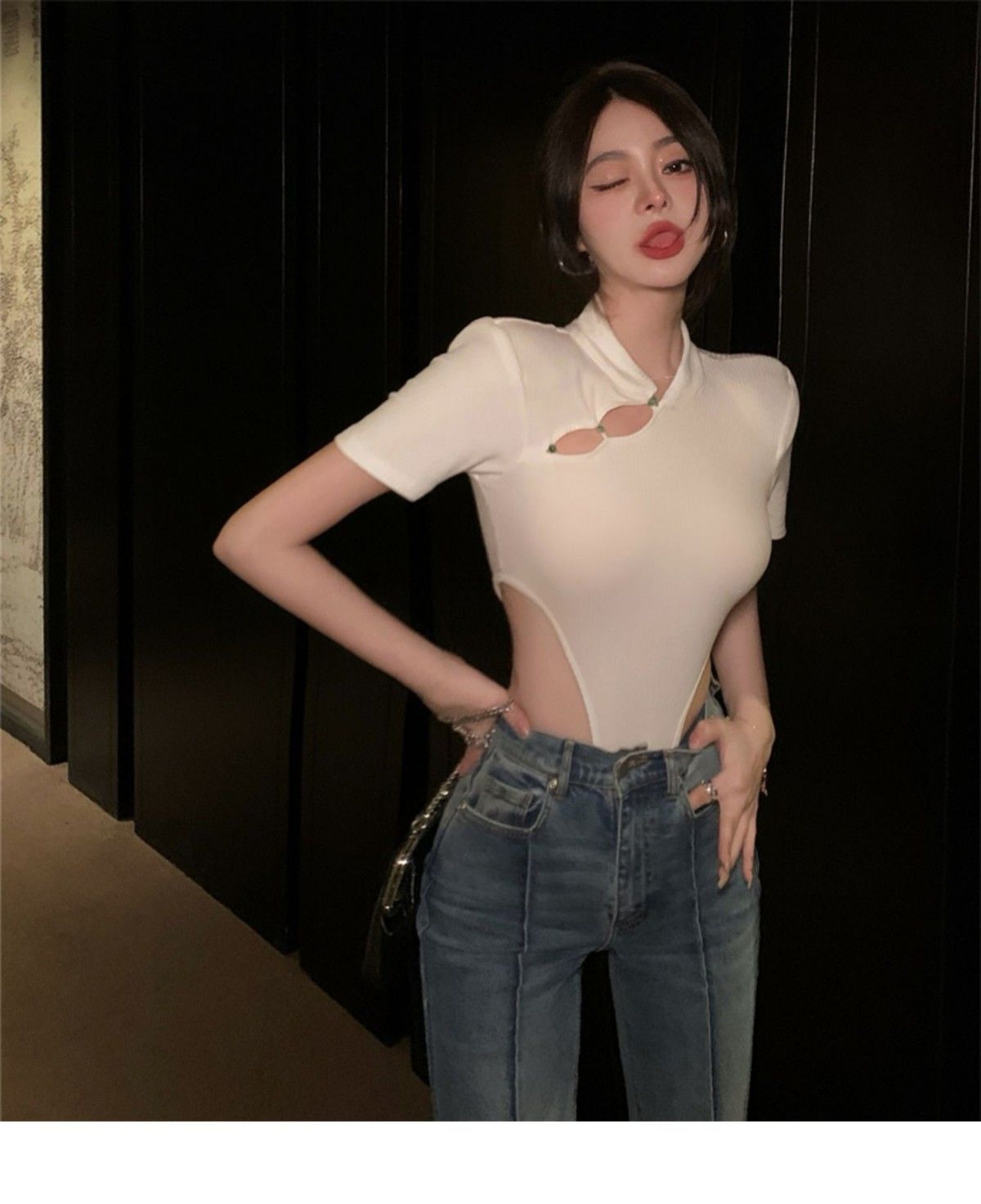 高叉连体衣勒住阴高叉连体上衣ins连裆三角镂空露腰短袖紧身辣妹性感