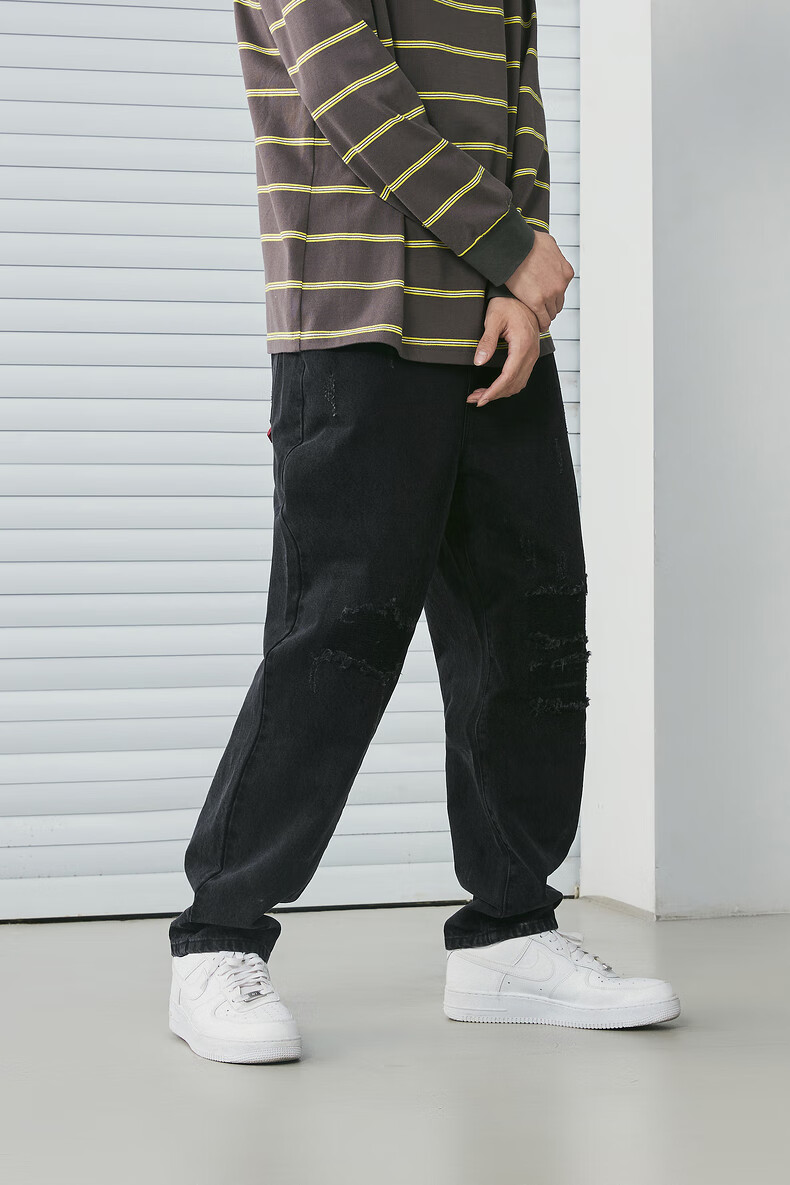 ecko犀牛直筒牛仔裤男潮牌2021秋季新款复古水洗磨破毛边宽松休闲长裤