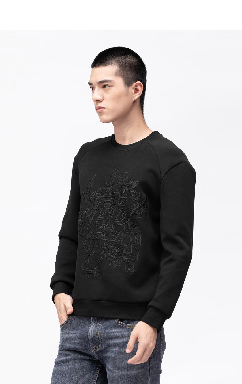 利郎刺绣卫衣男2021冬季新款时尚潮流圆领长袖t恤 黑色(q0dtx0041s)