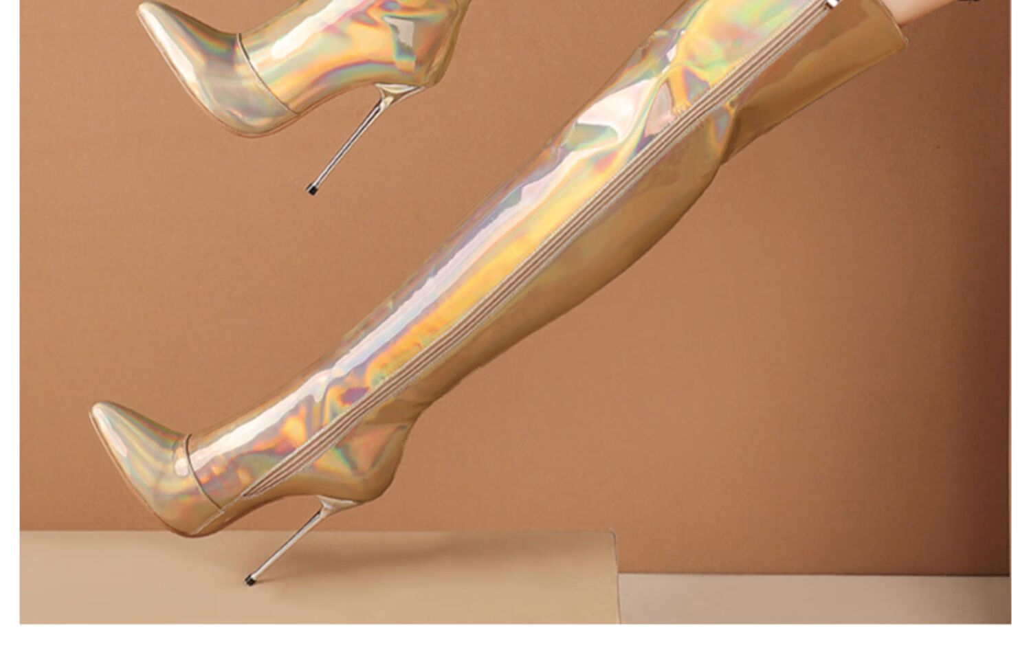 大码过膝长靴漆皮细跟2022春秋欧美长筒靴镭射高跟靴铁跟瘦瘦靴 金色